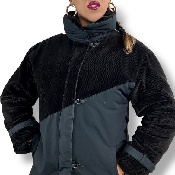 90's UTEX DOWN CREST goose down black corduroy asymmetrical winter coat